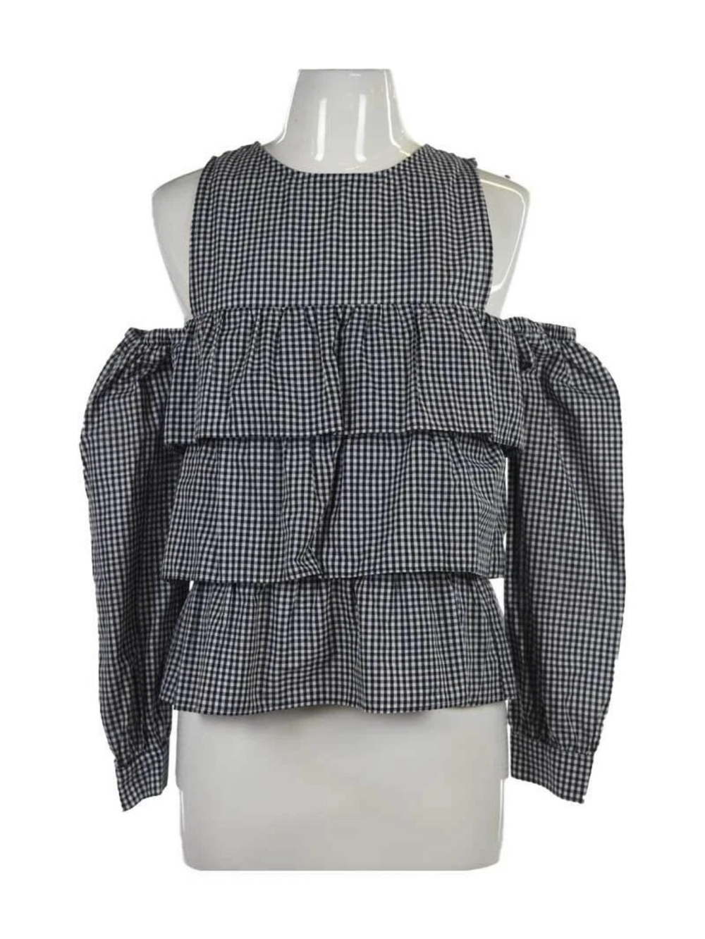 Likely Navy & White Gingham Cold-Shoulder Tiered Ruffle Blouse NWT Large